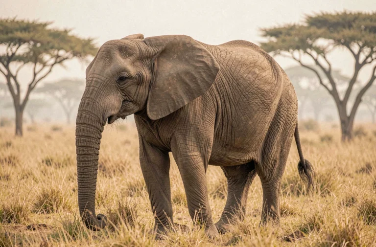 Éléphant africain en liberté dans la savane, portrait animalier réaliste montrant la texture de sa peau et son environnement naturel