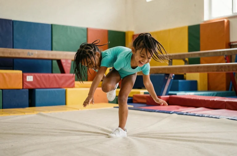 Jeune fille en justaucorps faisant une roulade dans un gymnase coloré, illustrant l'initiation des enfants au sport dès le plus jeune âge