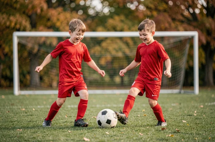 Deux jeunes garçons jouant au football en plein air sur un terrain herbeux, encourageant la pratique sportive dès l'enfance pour le bien-être des enfants