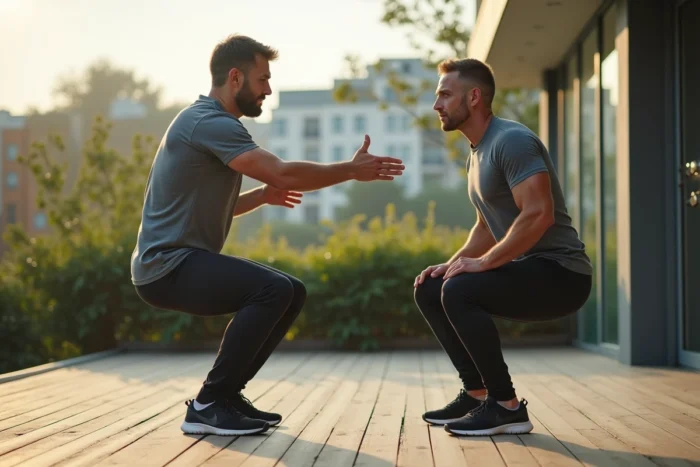 Entraîneur personnel corrigeant la technique de squat d'un client en plein air dans un cadre urbain
