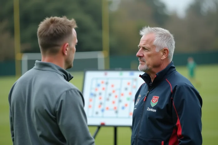 Deux entraîneurs de club de rugby Nationale 2 discutant de stratégie de recrutement devant un tableau tactique lors d'une session de préparation pour 2026