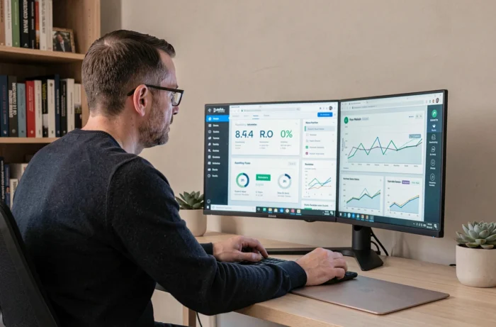 Entrepreneur travaillant sur une campagne de marketing digital depuis son bureau à domicile avec des écrans de données