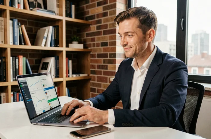 Entrepreneur digital roumain travaillant sur son laptop dans un bureau moderne, analysant ses statistiques Instagram et réseaux sociaux