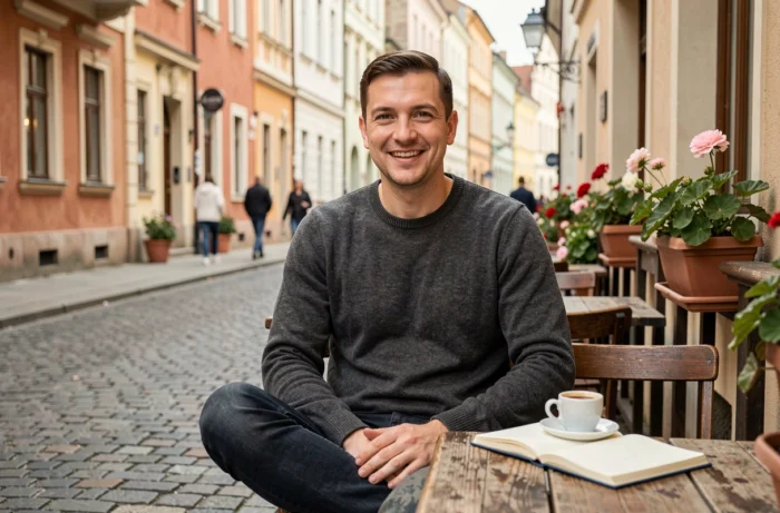 Entrepreneur digital souriant en terrasse de café dans une vieille ville européenne, symbole de la liberté du business en ligne et du lifestyle Instagram
