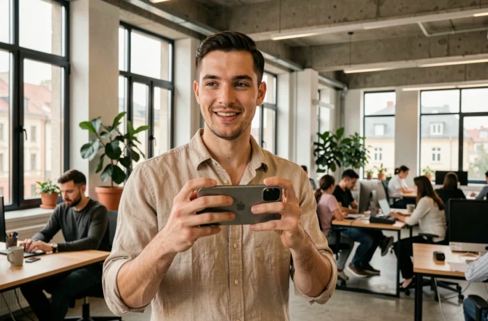 Jeune entrepreneur roumain dans un espace de coworking à Bucarest, filmant du contenu pour Instagram avec son smartphone