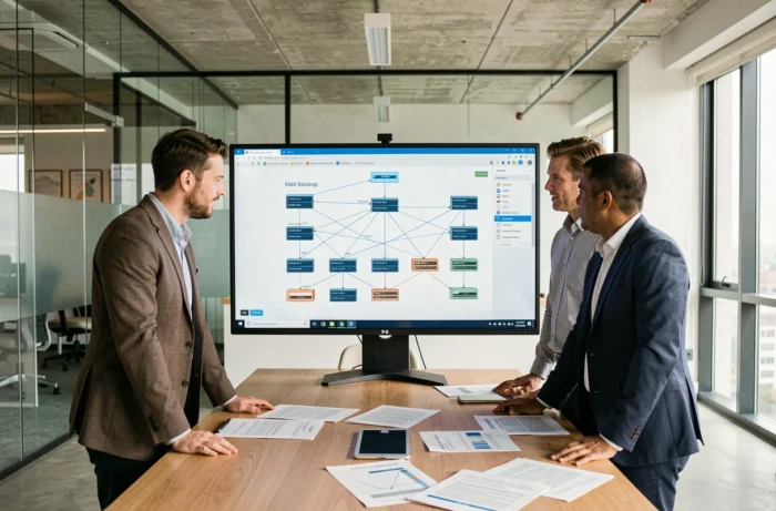 Équipe informatique en entreprise discutant d'une architecture de cluster serveur sur un écran de présentation dans un bureau moderne