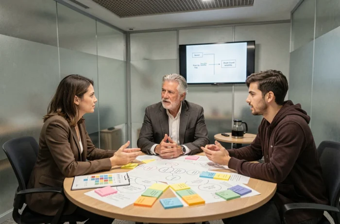 Équipe professionnelle diversifiée en réunion discutant des enjeux et défis d'entreprise autour d'une table avec des mind maps