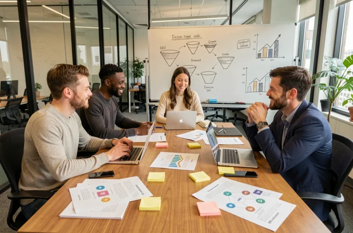 Équipe marketing collaborant autour d'une table de réunion avec des rapports de stratégie digitale
