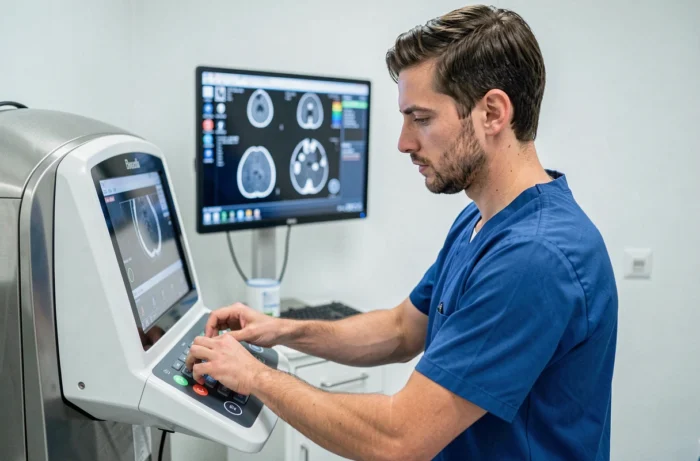Technicien médical utilisant un équipement d'imagerie diagnostique avancé dans une clinique privée à Lyon