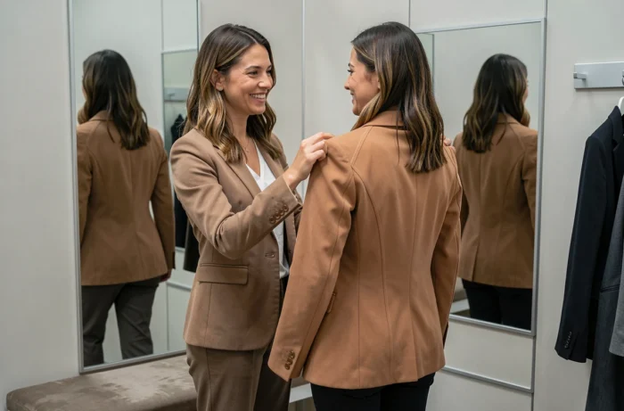 Two women in a fitting room checking the fit of a blazer to choose the right Grain de Malice size