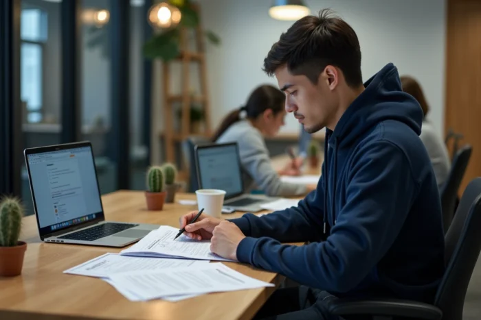 Homme étudiant une formation en ligne pour devenir pet sitter professionnel dans un espace de coworking moderne