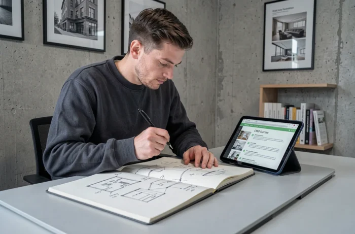 Homme en appartement urbain dessinant des plans d'architecture d'intérieur dans le cadre d'une formation CNED à distance