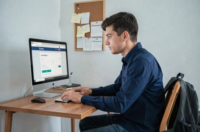 Étudiant consultant le portail eCandidat sur ordinateur de bureau dans son appartement pour s'inscrire à l'université du Havre