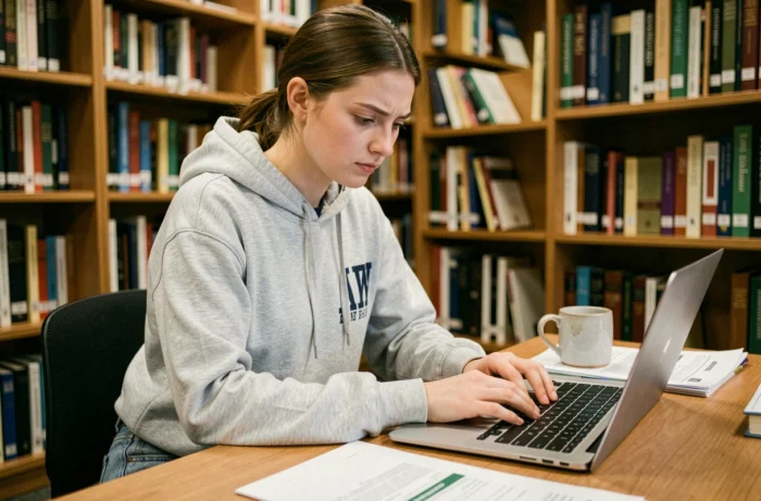 Étudiante remplissant son dossier d'inscription en ligne sur eCandidat dans une bibliothèque universitaire