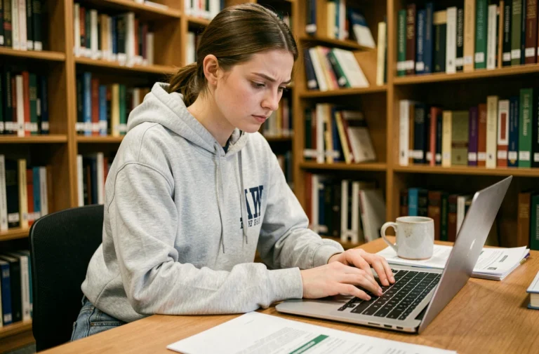 Étudiante remplissant son dossier d'inscription en ligne sur eCandidat dans une bibliothèque universitaire