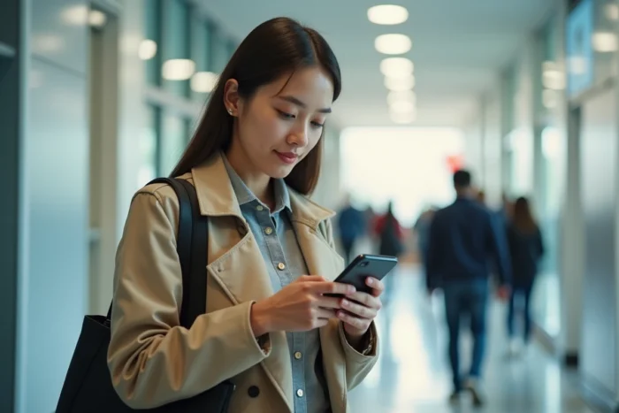 Étudiante vérifiant ses notes et son emploi du temps UGA sur smartphone dans un couloir du campus universitaire