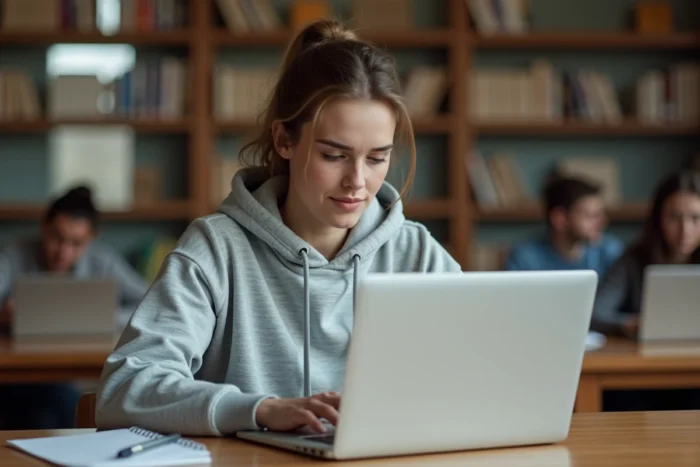 Étudiante consultant ses notes UGA sur l'intranet LEO depuis un ordinateur portable dans une bibliothèque universitaire