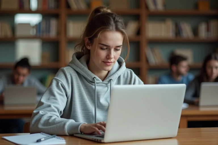 Étudiante consultant ses notes UGA sur l'intranet LEO depuis un ordinateur portable dans une bibliothèque universitaire