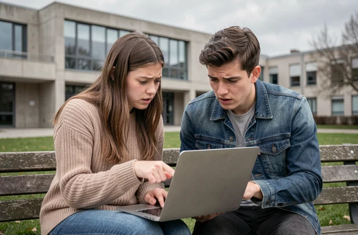 Deux étudiants complétant ensemble les étapes d'inscription sur eCandidat Le Havre sur le campus universitaire