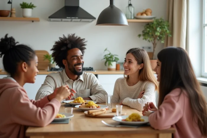 Famille réunie autour d'un repas dominical convivial dans une cuisine moderne française, ambiance chaleureuse et authentique