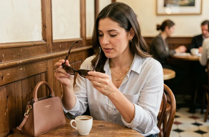 Femme élégante dans un café parisien tenant des lunettes de soleil tendance avec colliers dorés superposés