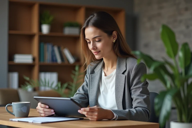 Femme professionnelle consultant l'actualité quotidienne sur une tablette dans un bureau moderne
