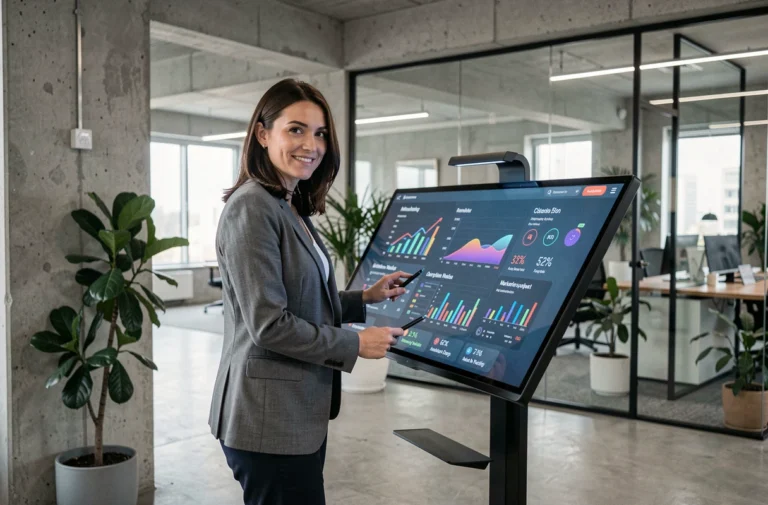 Femme d'affaires analysant des données de marketing digital sur un écran interactif dans un bureau moderne