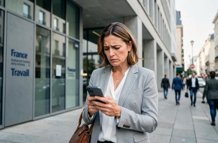 Femme anxieuse vérifiant son téléphone devant une agence France Travail en milieu urbain