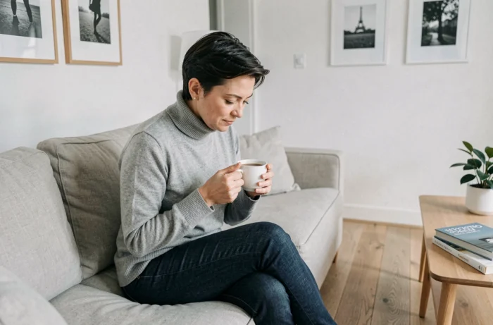 Femme détendue dans son appartement parisien, moment intime et personnel, ambiance vie privée et situation amoureuse