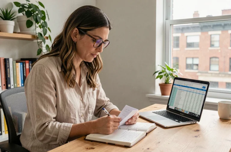 Femme autonome organisant ses finances et ses objectifs personnels dans un bureau à domicile moderne
