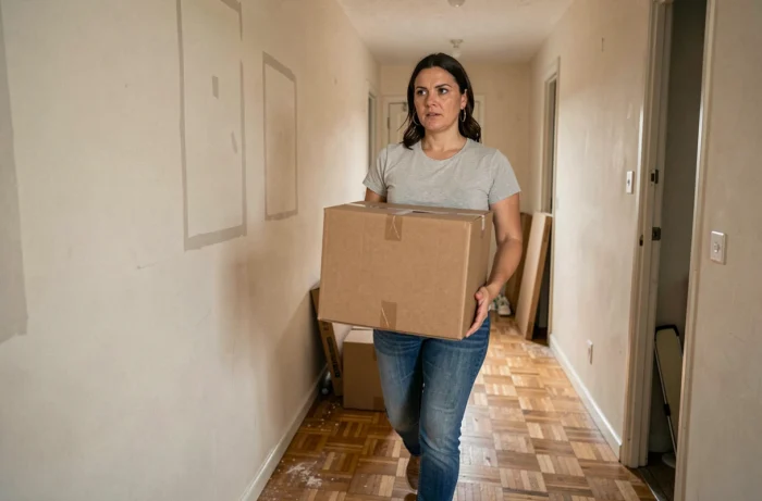Femme transportant des cartons dans un appartement en cours de déménagement, couloir vide avec parquet bois