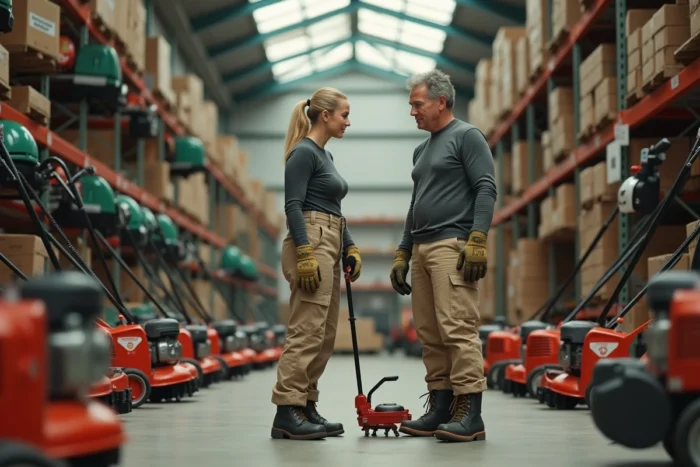 Femme comparant deux débroussailleuses thermiques dans un magasin de jardinage pour faire le meilleur choix