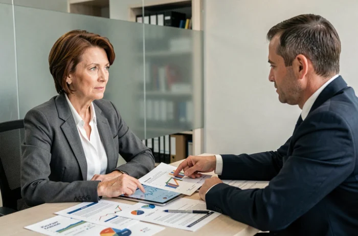 Femme de 60 ans consultant un conseiller financier pour préparer sa retraite dans un bureau professionnel
