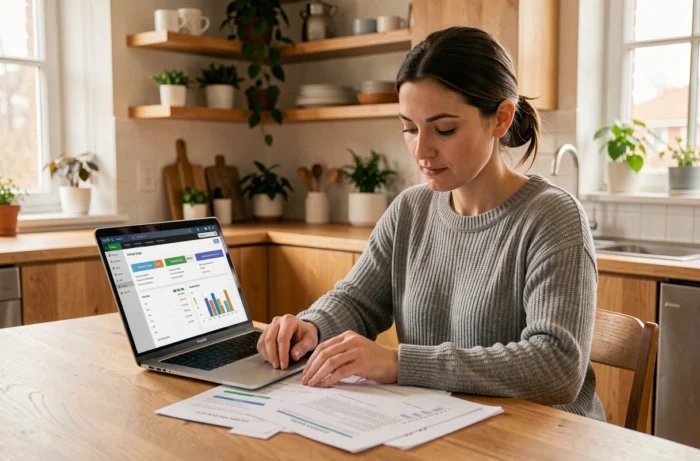 Femme consultant des documents de crédit et un comparateur de prêts sur ordinateur portable dans une cuisine moderne