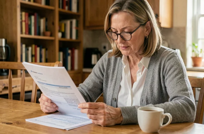 Femme consultant des documents de mutuelle santé à la maison, illustrant les démarches liées à la mutuelle GSMC