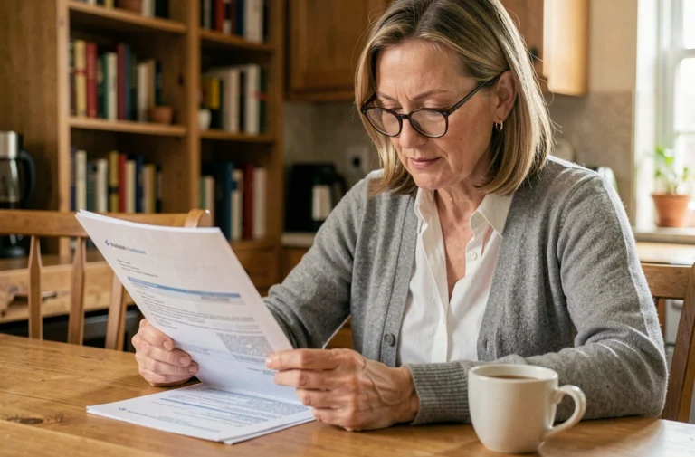 Femme consultant des documents de mutuelle santé à la maison, illustrant les démarches liées à la mutuelle GSMC