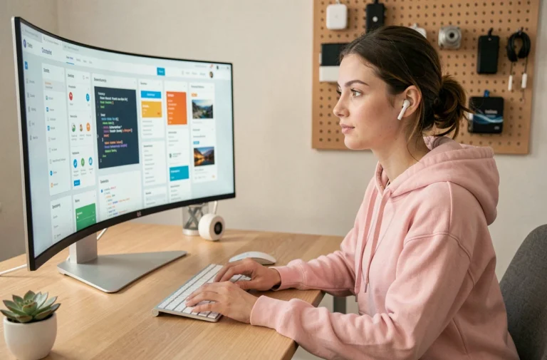 Jeune femme développeuse web travaillant sur plusieurs écrans avec des interfaces colorées dans un bureau moderne et minimaliste