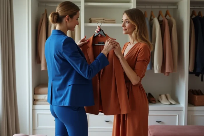 Femme dans un dressing élégant tenant deux tenues devant un grand miroir, hésitant entre un blazer bleu cobalt et une robe terracotta