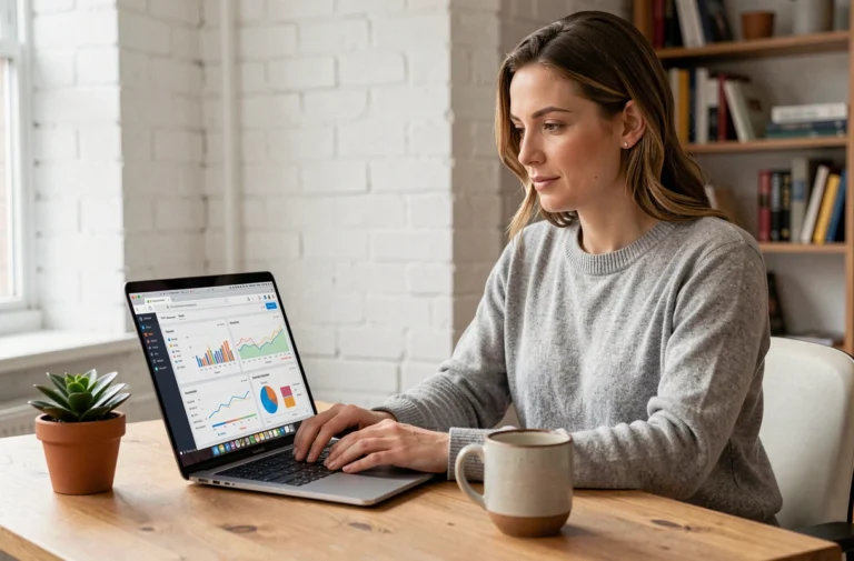 Femme entrepreneur travaillant sur ses stratégies de publicité en ligne depuis son bureau à domicile