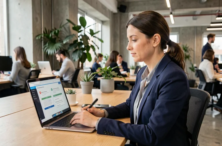Femme professionnelle suivant une formation en ligne dans un espace de coworking moderne
