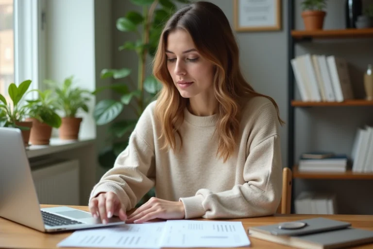 Femme organisée consultant des documents financiers sur son bureau à domicile pour gérer son budget et obtenir 7000 euros rapidement