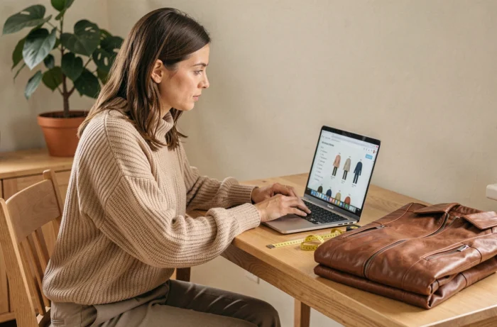 Femme consultant un guide des tailles The Kooples sur ordinateur portable avec veste en cuir et mètre ruban sur le bureau