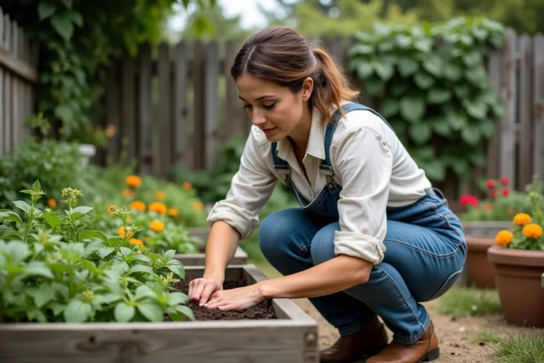 Femme jardinant un potager surélevé avec des tomates et des fleurs compagnes dans un jardin écologique