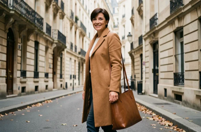 Femme élégante marchant dans une rue parisienne, style journalistique, ambiance vie privée et quotidien urbain