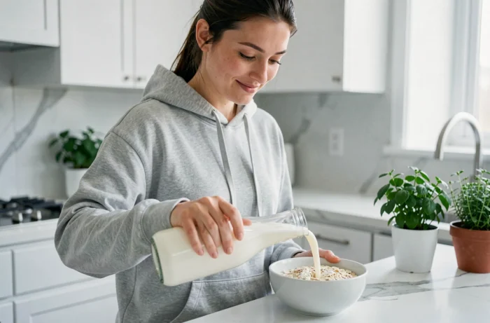 Jeune femme versant du lait entier sur des flocons d'avoine dans une cuisine moderne, représentant un petit-déjeuner riche en protéines