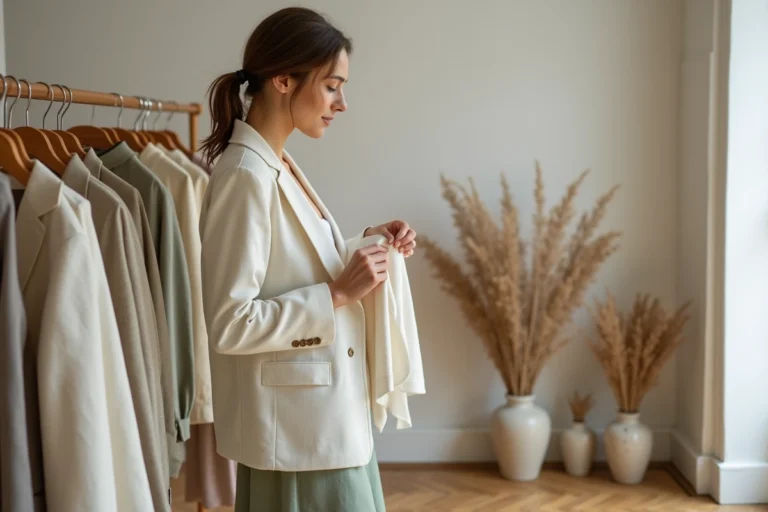 Femme élégante en blazer crème et jupe midi vert sauge parcourant les rayons d'une boutique de mode parisienne minimaliste