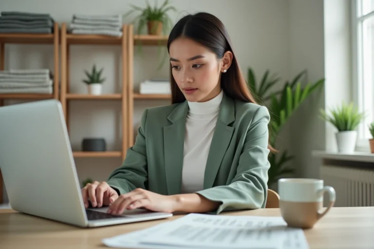 Jeune femme élégante en blazer vert sauge consultant des tendances mode sur un ordinateur portable dans un bureau minimaliste style scandinave