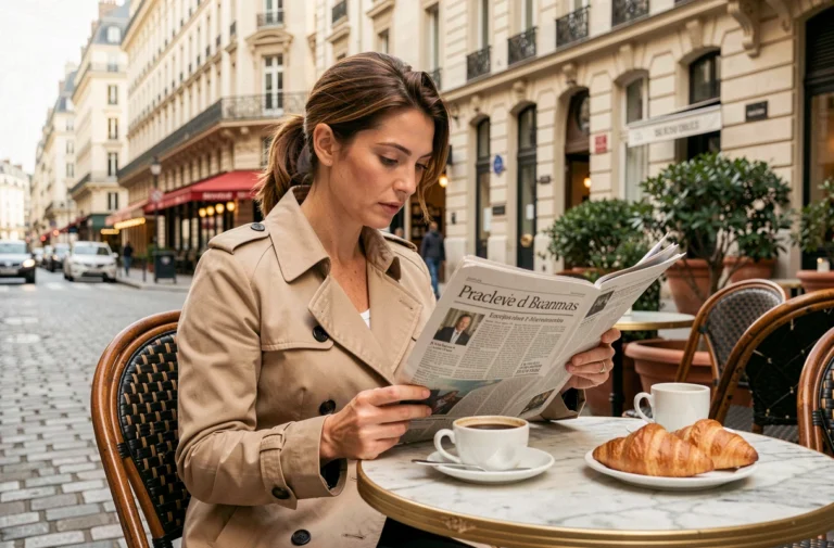 Femme parisienne lisant un journal en terrasse de café avec architecture haussmannienne en arrière-plan