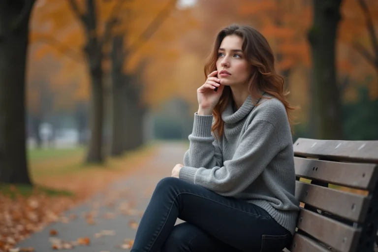 Jeune femme pensive assise seule sur un banc de parc en automne, illustrant l'isolement émotionnel lié aux daddy issues