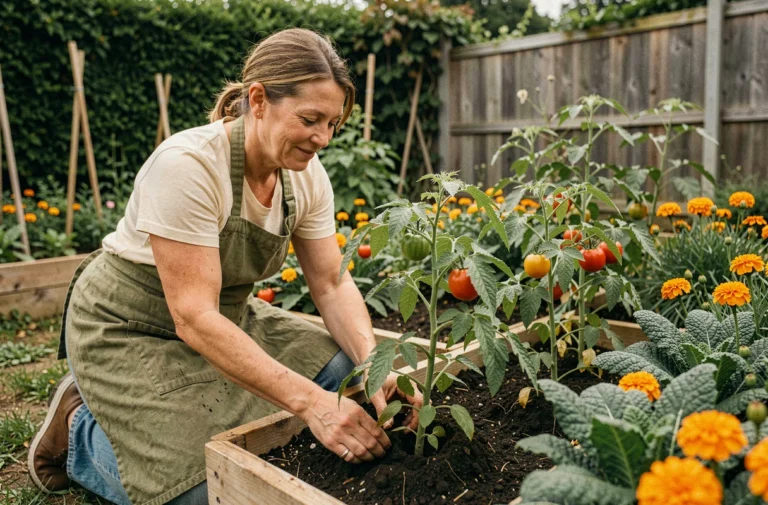 Femme jardinant dans un potager biologique en train de planter des semis dans un carré de jardin surélevé entouré de tomates et de soucis